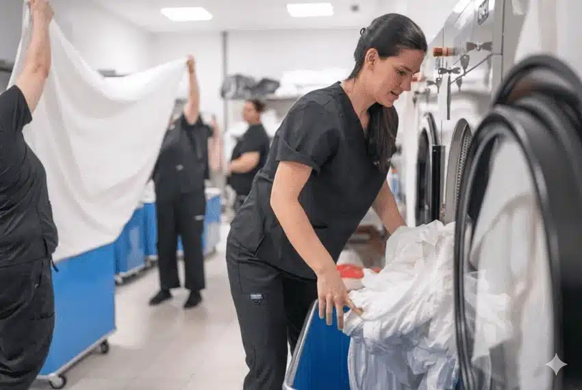 Personal especializado realizando el proceso de lavado y cuidado de prendas en lavandería industrial en Lima